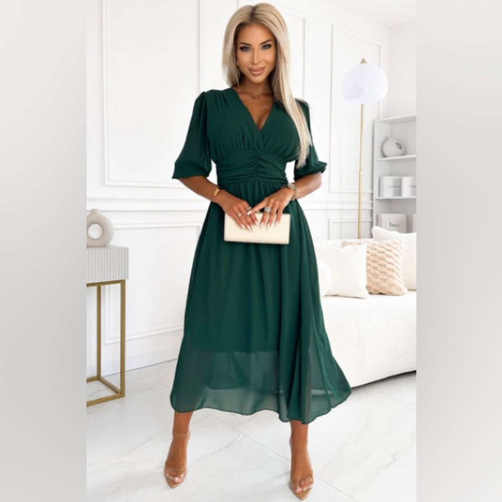 JESSICA PLAIN CHIFFON MAXI
DRESS-BOTTLE GREEN